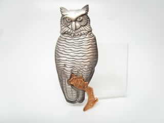 Shields Pewter Owl Bird Perched On Tree Branch Vintage Brooch Pin 2.  75 " Long