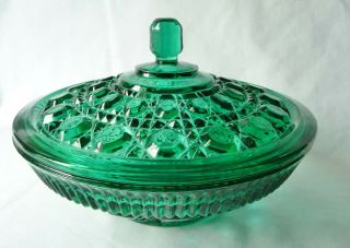 Indiana Glass Covered Candy Dish / Round Bowl 7 - 1/2 " Button & Cane Pattern Vtg
