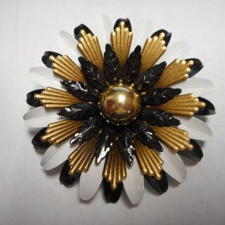 Wow Vintage Enamel Flower Pin / Brooch Black,  White And Gold Fantastic
