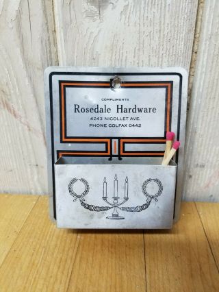Vintage Tin Metal Match Stick Holder Wall Mount Rosedale Hardware Advertising