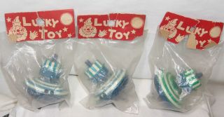 3 Vintage Old Stock Dime Store Tin Tops In Packages - Japan