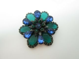 Green Cobalt Blue Glass Tear Drop Oval Rhinestone Flower Vintage Brooch Pin 2 " D