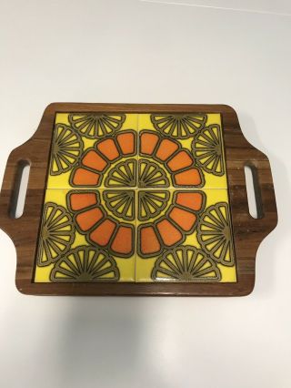 Vintage Wood And Tile Trivet Hot Plate With Handles