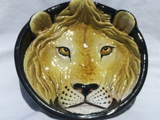 Vintage Majolica Hand Painted Black Bowl With Lion Face Made In Italy