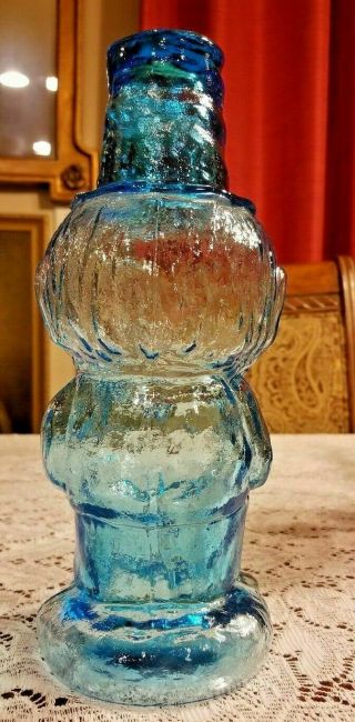 Vintage Blue Glass Whiskey Bottle Decanter With Cup Aqua Man Shaped Bottle