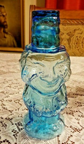 Vintage Blue Glass Whiskey Bottle Decanter with Cup Aqua Man Shaped Bottle 4