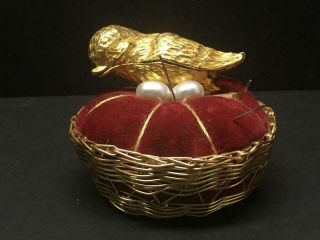 Vtg Brass Bird On Nest Pin Cushion With Back Of Bird Opening For Trinket Box