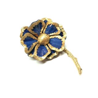 Vintage Blue Enamel & Gold Tone Flower Brooch Pin Jewelry