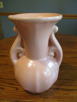 Vintage Pink Pottery Art Deco 9 " Vase Scrolled Handles