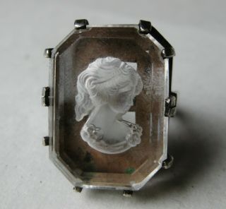 Vtg Sterling Silver Faceted Emerald Cut Glass Intaglio Cameo Cocktail Ring 7