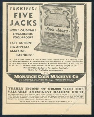 1950 Monarch Coin Machine Five Jacks Coin - Op Game Photo Vintage Trade Print Ad