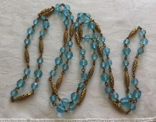 Vintage Art Deco Long Czech Filigree/ Turquoise Blue Glass Necklace c1930’s 3
