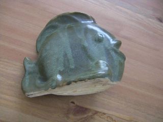Vintage Pottery Sun Fish Planter Vase Mottled Green Dryden? 8