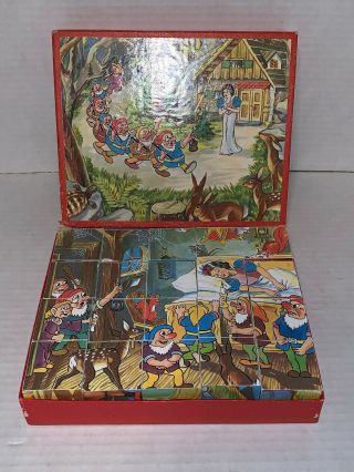 Vintage Snow White & 7 Seven Dwarfs Dwarves Wooden Block Cube Puzzle