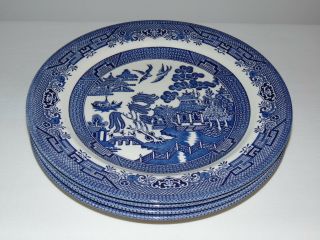 4 Vintage English Pottery Blue Willow 10 " Dinner Plates Churchhill Staffordshire