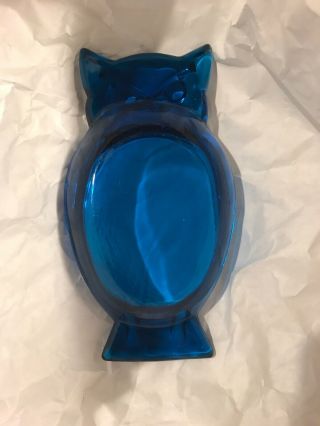 Mid Century Vintage Viking Glass Blue Bluenique Owl Ashtray Or Candy Dish 2