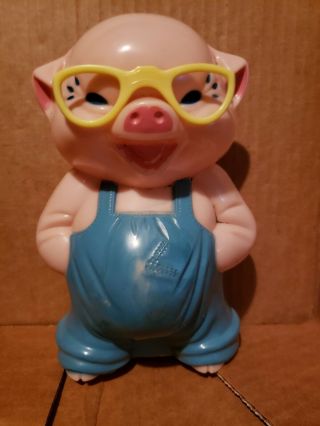 Vintage Knickerbocker Plastics Piggy Bank Laughing Pig Overalls And Glasses