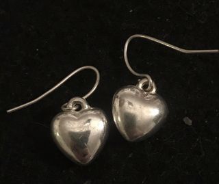 Vintage Pretty Puffy Heart Dangle 925 Sterling Silver Earrings Hook