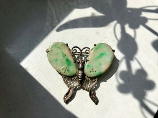 Vintage Chinese Export Sterling Silver Filigree Butterfly Carved Jade Brooch