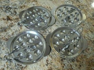 Set Of 4 Vintage Escargot 12 Hole Dishes Plates & Tongs Inox Stainless France