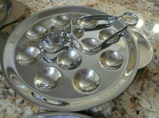 Set of 4 Vintage Escargot 12 Hole Dishes Plates & Tongs INOX Stainless France 2
