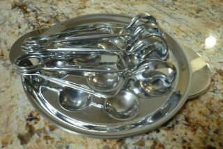 Set of 4 Vintage Escargot 12 Hole Dishes Plates & Tongs INOX Stainless France 4