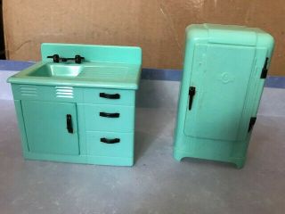 Vintage Renwal Jadite Green & Black Sink And Refrigerator Dollhouse Furniture