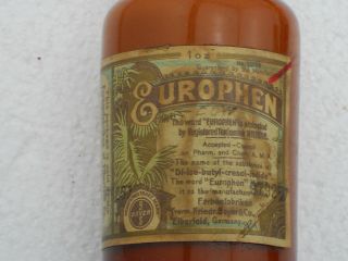 Vintage 1920s Europhen Small Amber Bottle Contents Medicine Bayer German