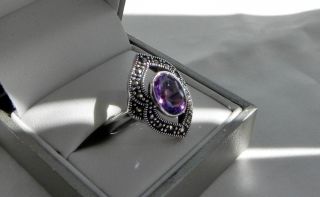 Graceful Vtg Style 925 Sterling Silver Amethyst Marcasite Ring Size N (us 6.  5)
