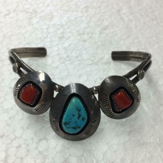 Vintage Navajo Coral Turquoise 925 Sterling Silver Bracelet 16.  2g 5 - 3/8 " Signed