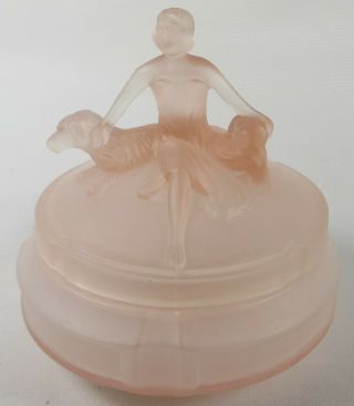 Vtg Art Deco L E Smith Annette Pink Satin Glass Powder Jar Woman Dogs Depression