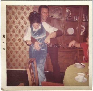 Orig 1970s Vintage Photo Retro Big Hair Maxi Dress Woman Groped By Man In House