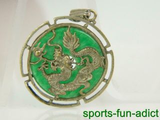 Vintage Asian Chinese Dragon Jadeite Disk Sterling Silver Pendant