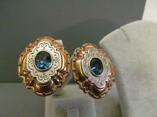 Vtg Clip Earrings Victorian 1928 Rose/white Gold Tone Sapphire Blue Rhinestone