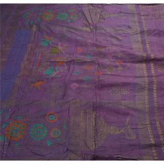 Sanskriti Vintage Indian Purple Saree 100 Pure Silk Painted Craft Fabric Sari