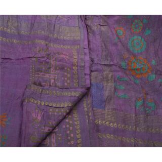 Sanskriti Vintage Indian Purple Saree 100 Pure Silk Painted Craft Fabric Sari 2