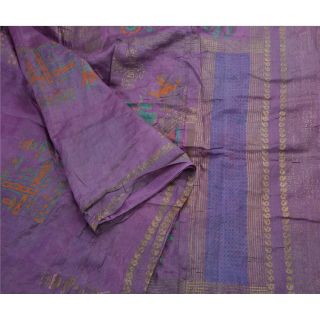 Sanskriti Vintage Indian Purple Saree 100 Pure Silk Painted Craft Fabric Sari 3