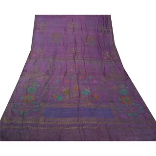 Sanskriti Vintage Indian Purple Saree 100 Pure Silk Painted Craft Fabric Sari 4
