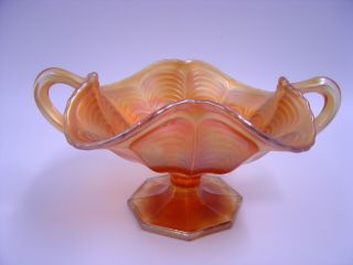 Vintage Fenton Carnival Glass " Peacock Tail " Marigold Handled Bonbon Candy Dish