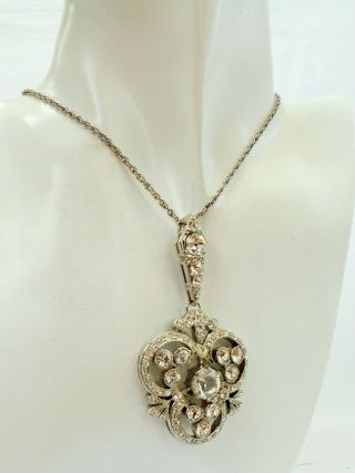 Large Vintage Silver Metal & Diamond Paste Art Nouveau Design Pendant & Chain