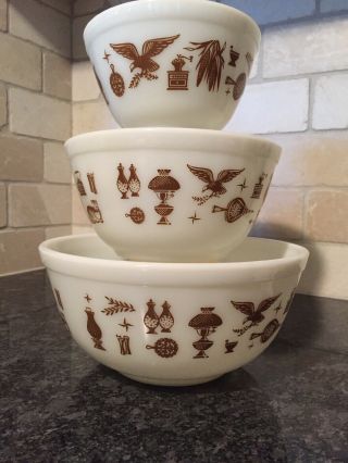 Set Of 3 Vintage Pyrex Mixing Bowls White/brown Early American 401 402 403 Euc