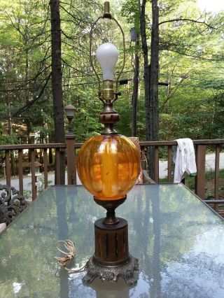 Vintage Table Lamp 1950s Leviton Mid Century Amber Glass Wood Cast Iron Base