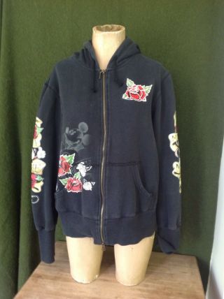 Vintage Disney Black Sweatshirt Hoodie Micky Mouse Roses Zipper 80 
