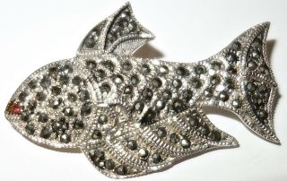 Antique Large 1 - 7/8 " Sterling Silver Fish W/ruby Eye & Marcasites Nr