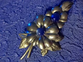 Vintage Signed Taylord Sterling Floral Motif,  Blue Moonstone Brooch Pin