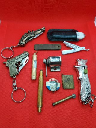 Vintage Small Items Junk Drawer Pocket Knife Gun Keychains Kennedy Button & More