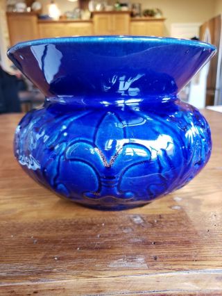 Antique Vintage Majestic Blue Majolica Glazed Cuspidor / Spitoon with Gold Dust 2