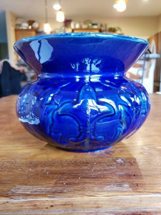 Antique Vintage Majestic Blue Majolica Glazed Cuspidor / Spitoon with Gold Dust 6