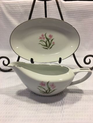 Vintage Grant Crest Pink Orchid China Gravy Boat/oval Resting Plate Japan