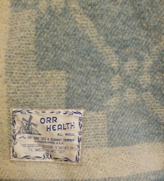 Vintage Orr Health Blanket Co Blue & Cream Tulip Pattern Wool Blanket 64 X 78